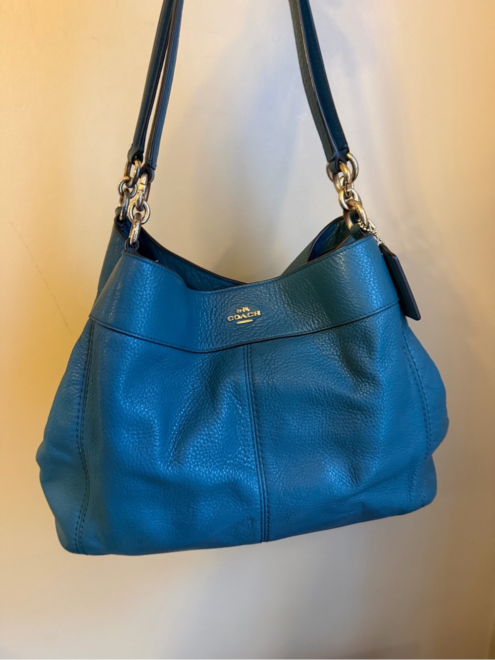 Coach Lexy F57545 Teal Blue Pebble Leather Shoulder Bag Purse Triple Compartment